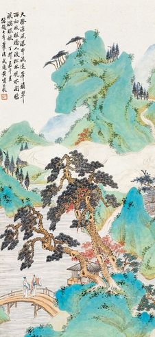 黄啸岩 1867年作 秋阁晚凉图 立轴 设色纸本