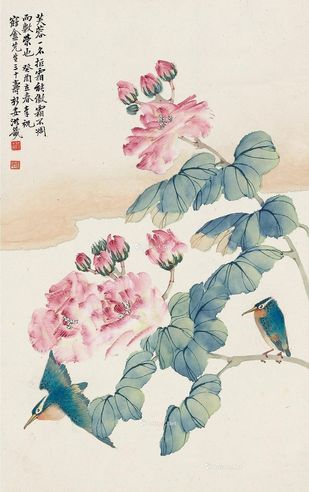 洪庶安 1933年作 花鸟 立轴 设色纸本