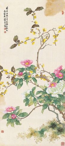 汤世澍 1901年作 花卉图 立轴 设色绢本
