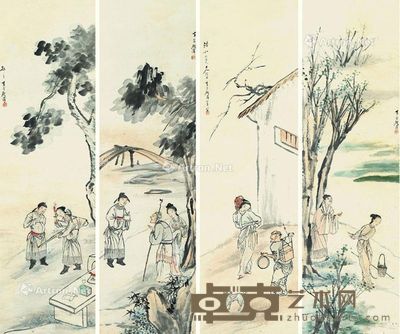 顾让 人物故事四屏 94×27cm×4