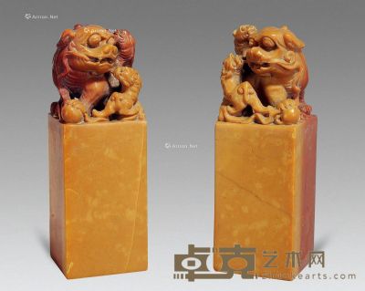 清代 狮钮寿山石对章 高9.5cm