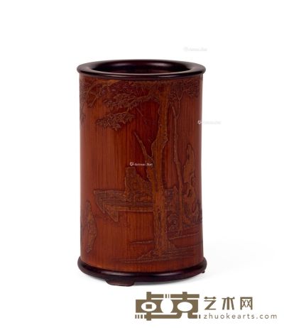 清中期 竹雕留青高士饮茶笔筒 高14cm