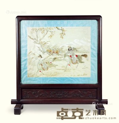 清代（1644-1911） 嵌人物纹刺绣龙纹红木座屏 宽117.5cm；高117cm