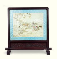清代（1644-1911） 嵌人物纹刺绣龙纹红木座屏