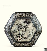 明代（1368-1644） 大漆嵌螺钿楼阁人物纹葵口盘