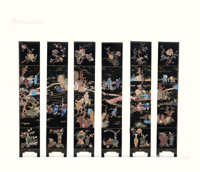 清代（1644-1911） 大漆描金嵌百宝狩猎图纹 博古纹六屏风
