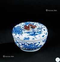 明末清初（约1627-1684） 青花花蝶纹灵芝钮捧盒