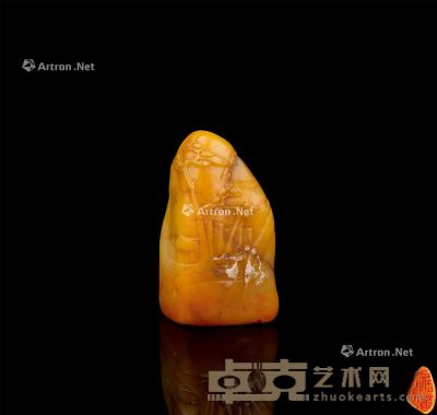 清代(1644～1911) 田黄薄意雕山水亭台纹印章 高4.3cm；重31g