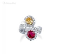 1.59克拉 天然红宝石 戒指 及 0.96克拉 彩黄色VS2净度 钻石戒指 （一对）