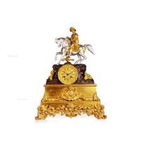 19世纪 法国铜鎏金、银骑士雕塑钟