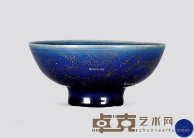 明嘉靖 蓝釉描金龙纹高足碗 直径13cm