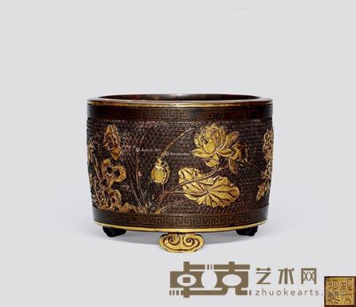 明 胡文明制 铜鎏金四季花卉纹筒炉 高9cm；直径11.5cm