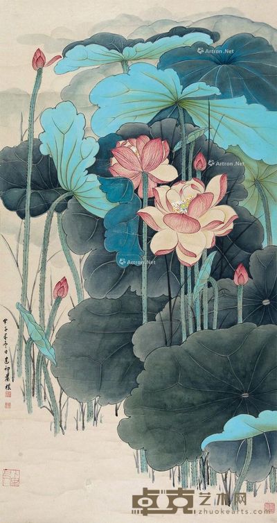 萧建初 工笔荷花 128×66cm