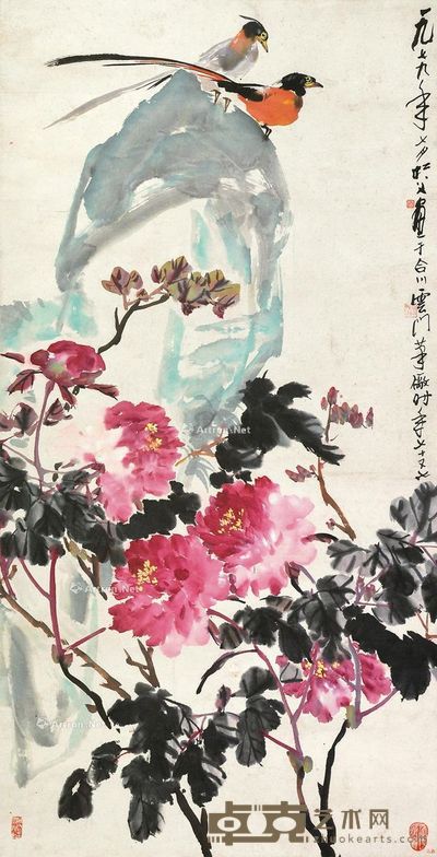 阎松父 花鸟 130×66cm