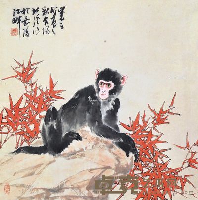 周北溪 朱竹墨猴 68×68cm