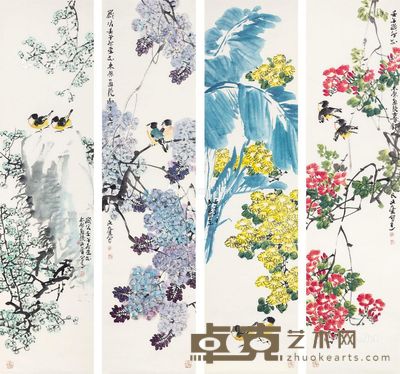 裴文奎 花鸟 138×34cm×4