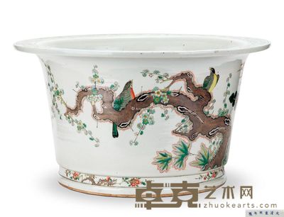 清康熙 东青釉五彩描金花鸟纹花盆 直径61cm；高33.3cm