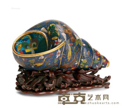 清康熙 铜胎掐丝珐琅荷塘鱼藻纹海螺法器 长15.3cm