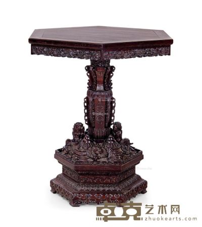 清 紫檀雕海水江崖六角桌 72×72×85cm