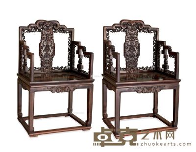 清中期 紫檀雕西番莲带托泥太师椅 （一对） 60×48×106cm