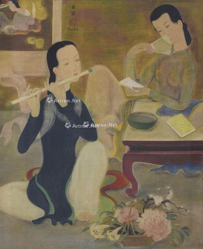 黎谱 1938年作 音乐会 水墨 水粉 绢布 裱于木板