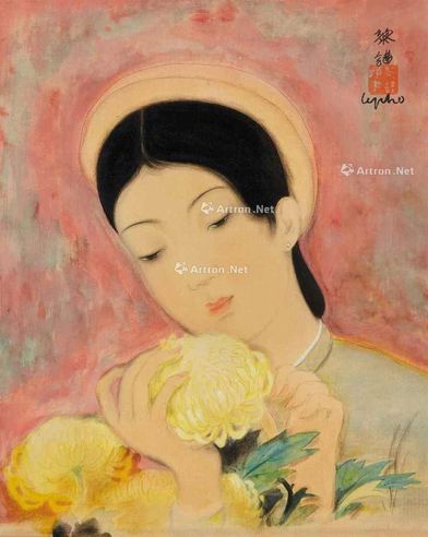黎谱 约1940年代作 莲花女士 水墨 水粉 绢布
