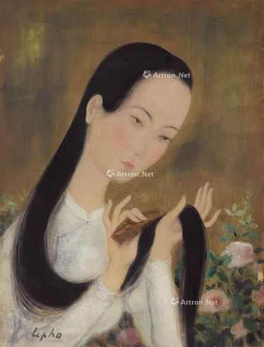 黎谱 约1940年代作 淑女梳发 水墨 水粉 绢布