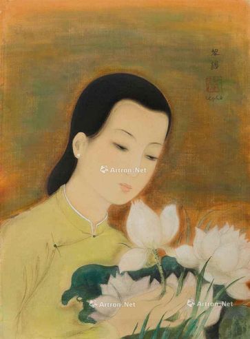 黎谱 约1940年代作 女孩与莲花 水墨 水粉 绢布