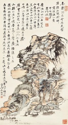 曾熙 1924年作 浯溪一角 立轴 设色纸本