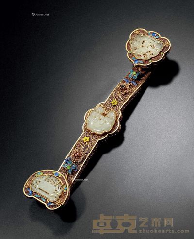 清中期 铜鎏金掐丝花卉嵌玉三镶如意 长31.2cm