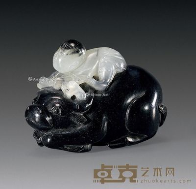 清乾隆 黑白玉童子牧牛 长4.8cm