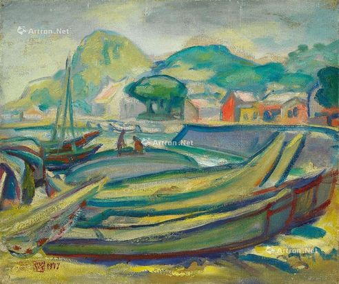 洪瑞麟 1977年作 渔港 油彩 画布