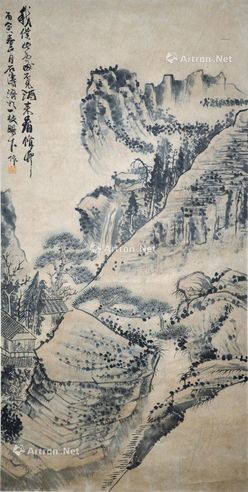 石涛 1686年 一枝阁山水图 立轴 水墨纸本