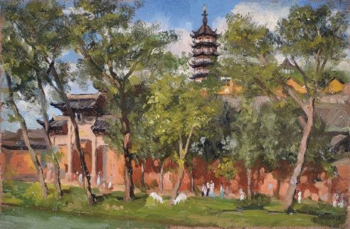 文金扬 1960年代 红墙寺庙 木板油画