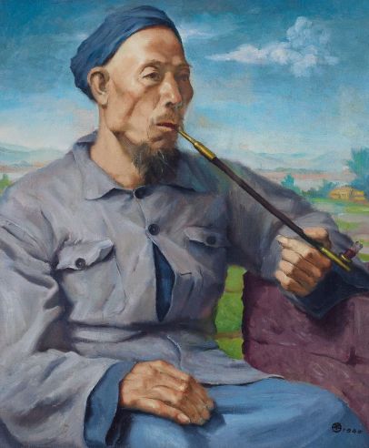 杨立光 1940年作 抽烟的人 布面 油画