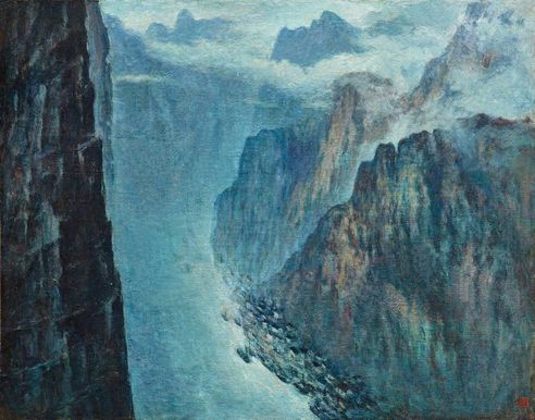 余本 1976年作 长江三峡 布面 油画裱于木板