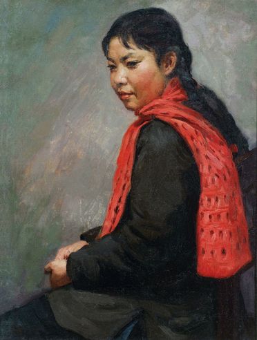 李宗津 1950年代作 红围巾女孩 布面 油画