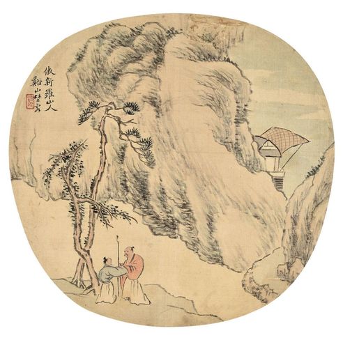 廷雍  山水人物圆光 绢本