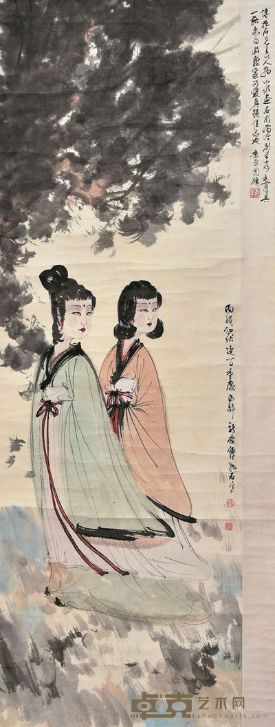 傅抱石 双娇图 152×50cm 约6.8平尺
