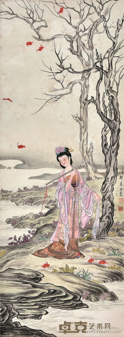 郑慕康 持笛仕女 79×28cm 约2.0平尺
