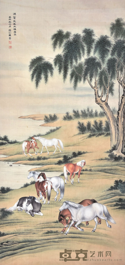 马晋 柳荫八骏 130×62cm 约7.3平尺