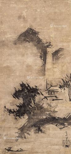 雪舟 渔舟听瀑图