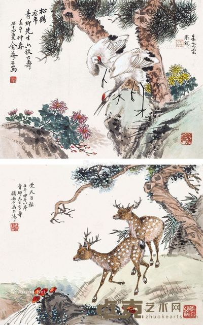 金梦石 镇安石 松鹤延年·受天百禄 27.5×34.5cm×2