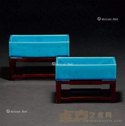 清 孔雀蓝釉水仙盆 （一对） 20.5×10.2×6.2cm×2