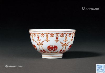 清道光 矾红彩福寿纹碗
