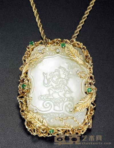 清 白玉镶金旗开得胜牌 长7.2cm;宽5.2cm;厚0.9cm