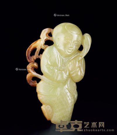 明 黄玉持莲童子 高9.3cm;宽5.5cm;厚1.3cm