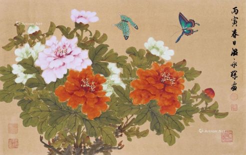 温永琛  1986年作 鲜花与蝴蝶 镜心 彩墨 纸本