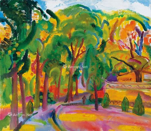 陈均德  1998年作 禅院寺夕照 油彩 画布