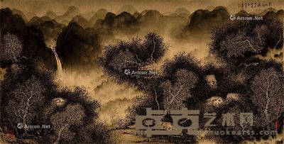 廖文潭 2014年作 茂山飞瀑 水墨金潜纸本 50.3×101cm